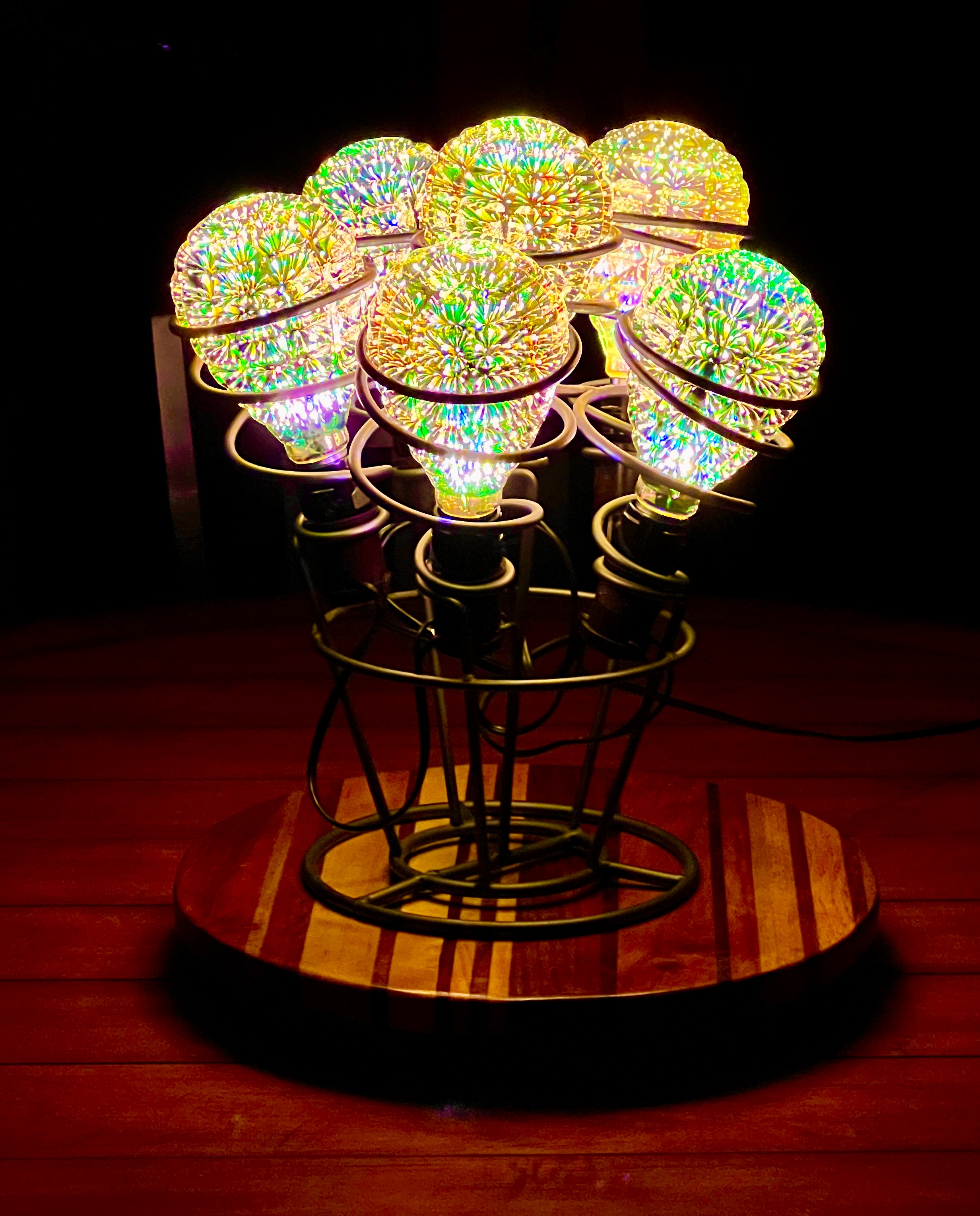 Fireworks-bulb bouquet on wood base