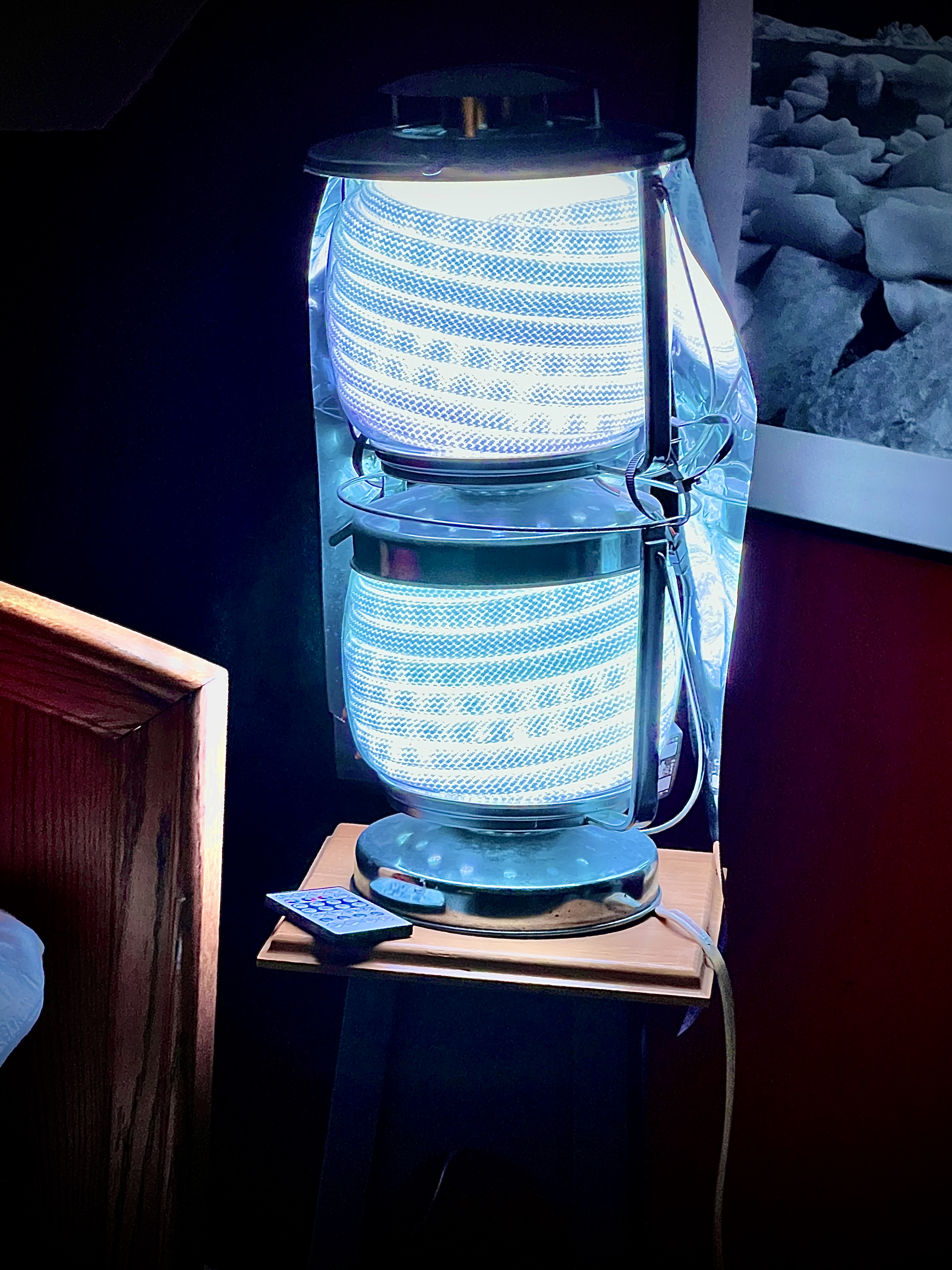 Chrome lantern with rope-light cylinders