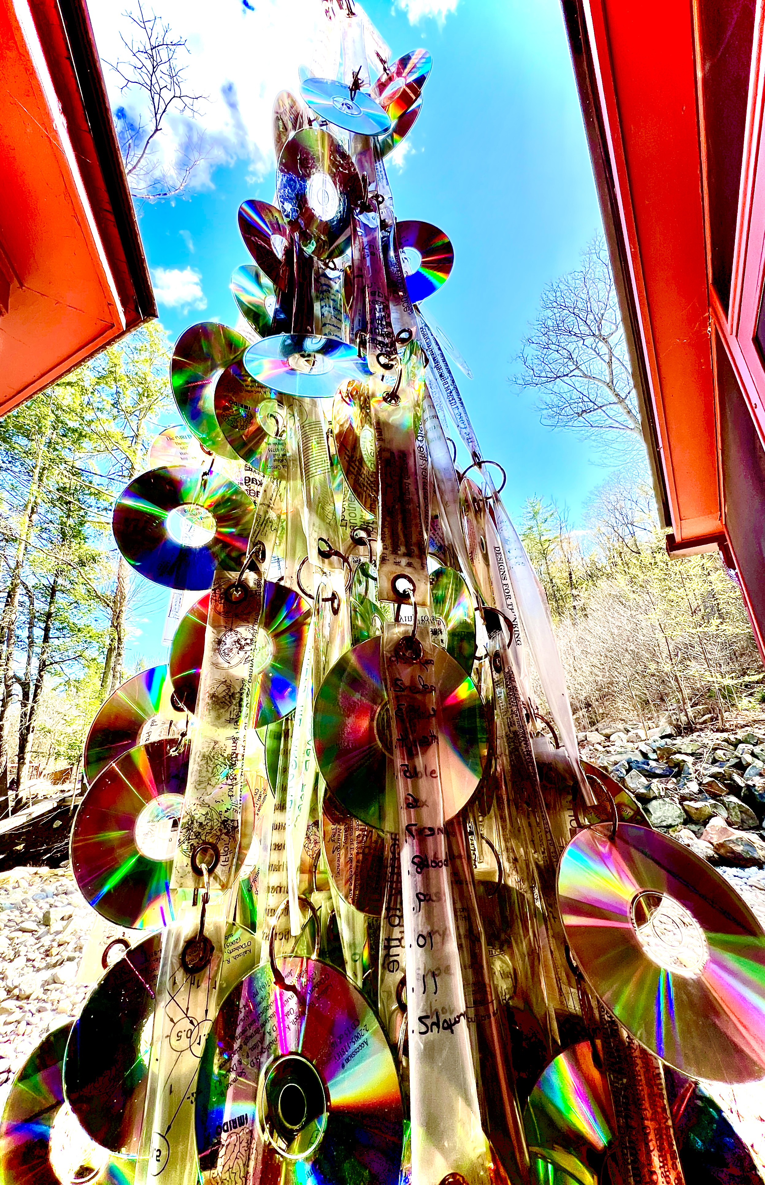 T.O.E. — daytime, iridescent CD-ROMs cascading in sunlight